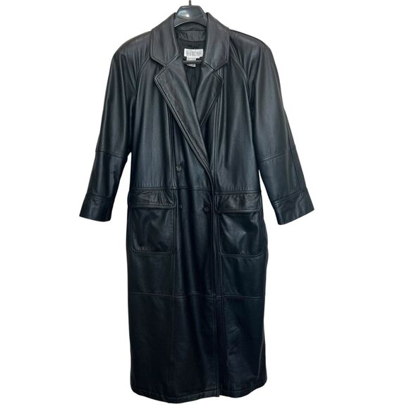 Vtg Together! 12 Trench Coat Black Leather Long Women's Double Breasted Heavy